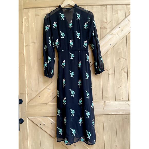 Sandro Paris Embroidered Faux Wrap Midi Black Ruffled Dress Size 1 Small FR 36 - Picture 9 of 12